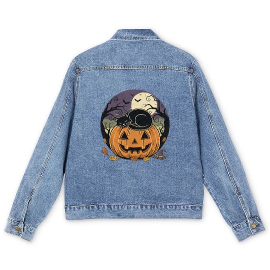 Spooky Cat Nap Pumpkin | Halloween Party Design Men's Denim Jackets