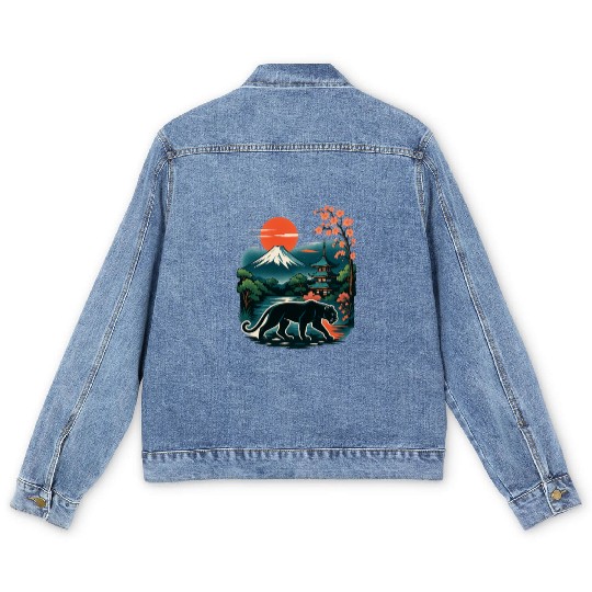 Serene Japanese Landscape with Mount Fuji Men's Denim Jackets