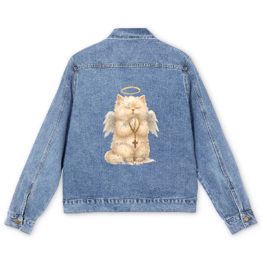 Heavenly Praying Cat with Angel Wings Men's Denim Jackets