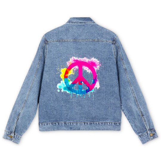 Peace sign neon colors groovy spray paint splatter Men's Denim Jackets