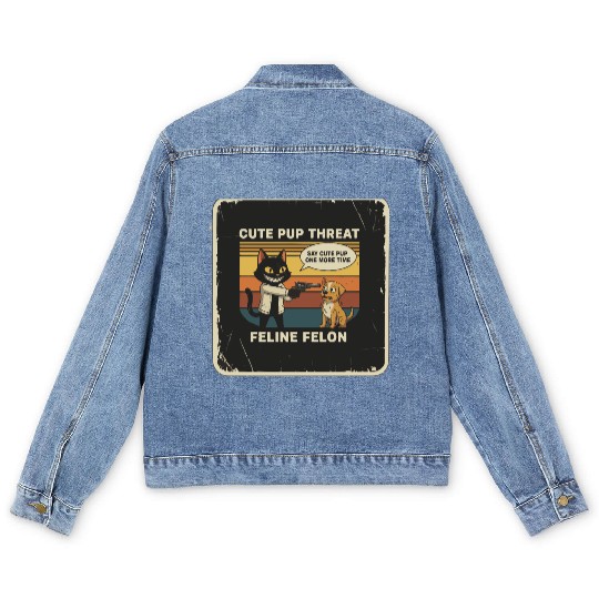 Cute Pup Threat Feline Felon Men's Denim Jackets
