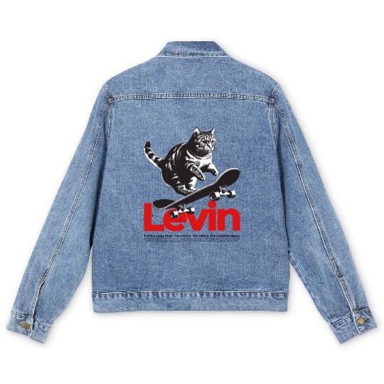 Cool Cat Skateboard with cute Boy Name LEVIN Men's Denim Jackets