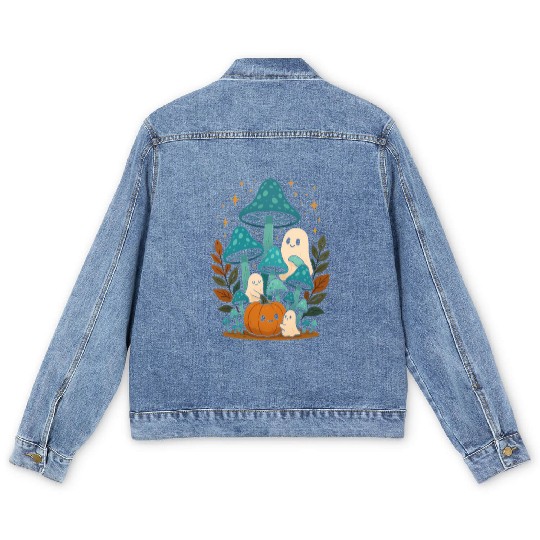 Whimsical Ghost and Mushroom Halloween Scene Men's Denim Jackets