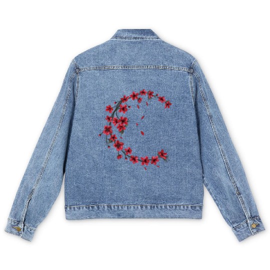Red Moon Cherry Blossom Sakura Flower Design Men's Denim Jackets