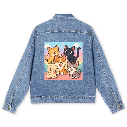 Colorful Cute Cats and Puppy Illustration Men's Denim Jackets