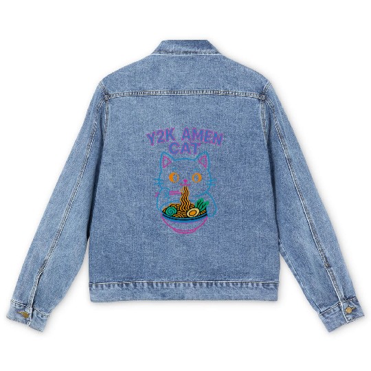 Y2K Ramen Cat – Retro Neon Anime Noodle Lover Desi Men's Denim Jackets