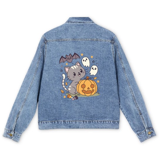 Halloween Kawaii Cat Bat Pumpkin Men's Denim Jackets