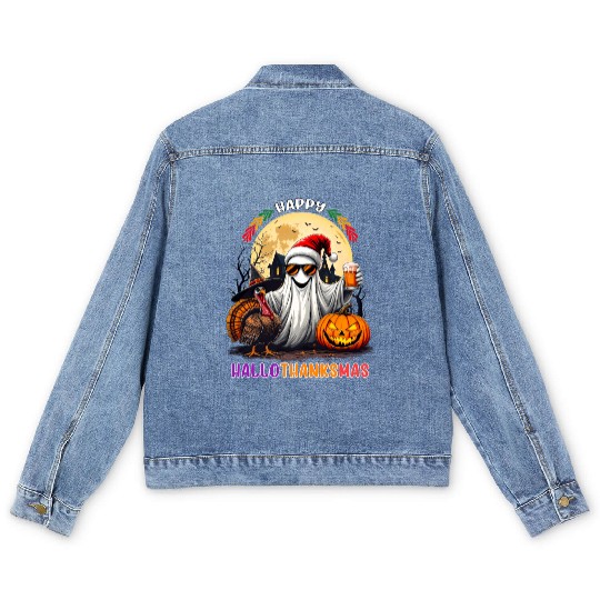 Happy Hallothanksmas Halloween Thanksgiving Xmas Men's Denim Jackets