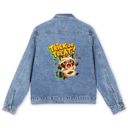 Cute raccoon in mummy costume with Trick or Treat Men's Denim Jackets