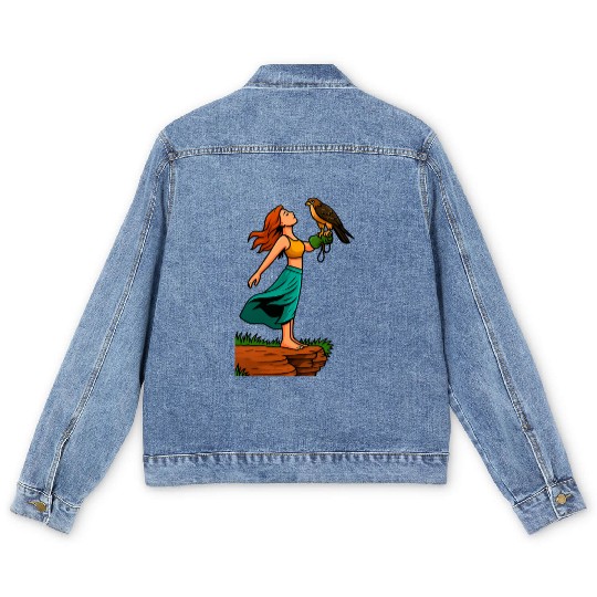 Woman with Hawk on Arm in Nature Scene Men's Denim Jackets