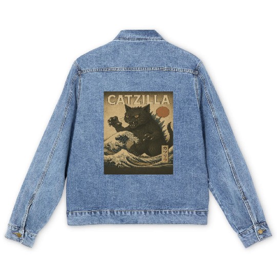 Ukiyo-e Catzilla Retro Japanese Monster Cat Men's Denim Jackets