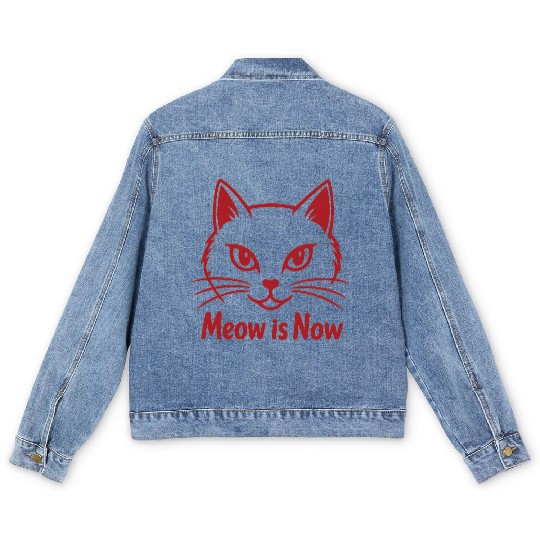 Elegant Cat Face with Bold Red Lines - Meow Is Now Men's Denim Jackets