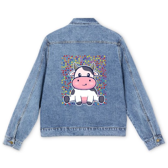 Cute Cartoon Cow with Polka Dots Men's Denim Jackets