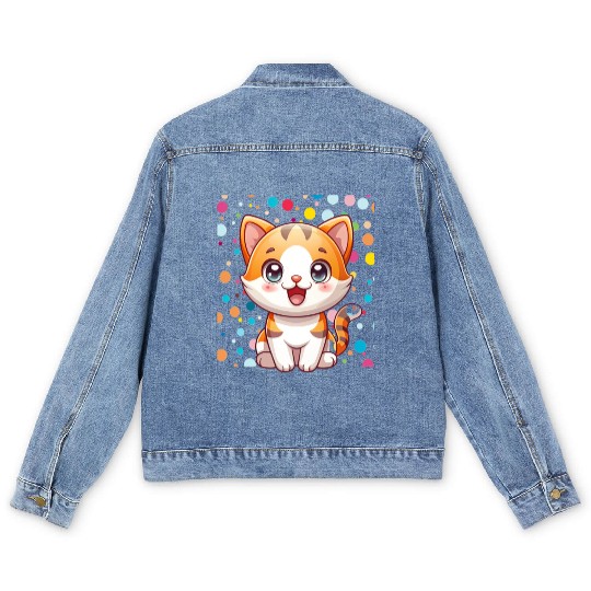 Adorable Cartoon Cute Cat Polka Dots  Men's Denim Jackets