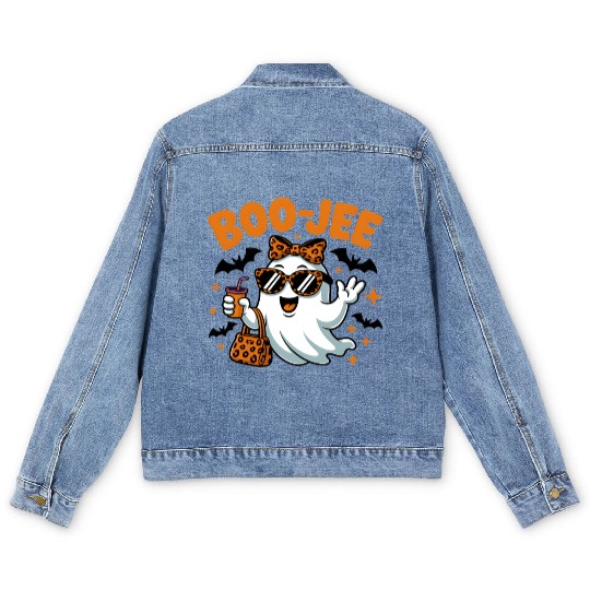 Boo-Jee Ghost Cute Leopard Print Halloween Boojee Men's Denim Jackets