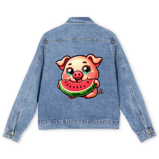 Cute pig with watermelon summer vacation farmer Men's Denim Jackets