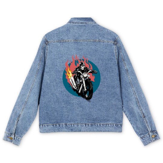 Skull Rider on Flaming Motorcycle Men's Denim Jackets