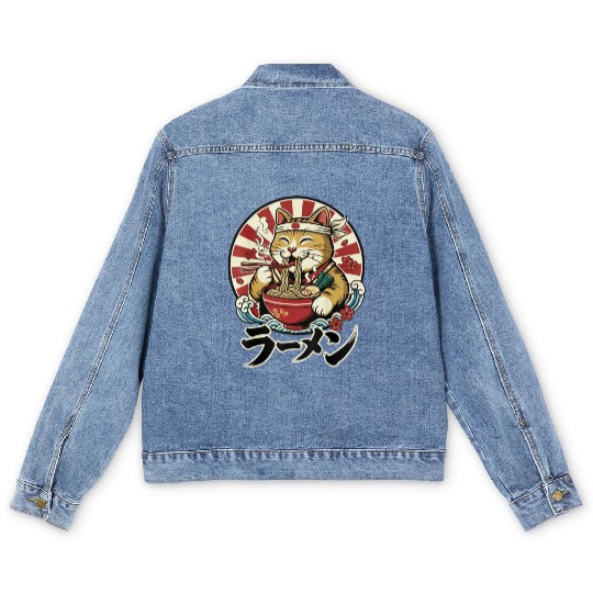 Victory Cat Ramen Illustration Men's Denim Jackets