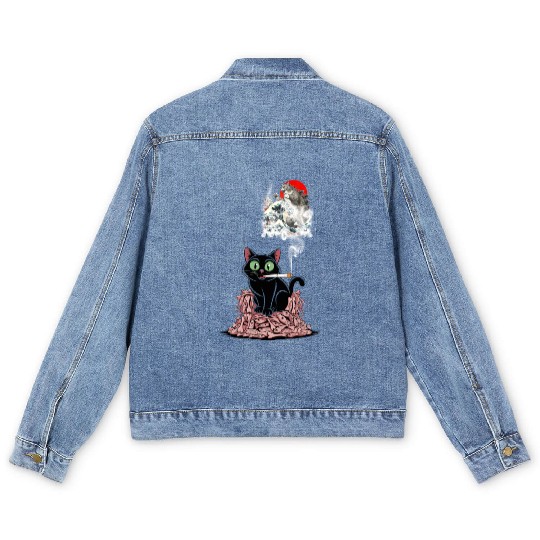 Black Cat Smoking Cigarette Catzilla Men's Denim Jackets
