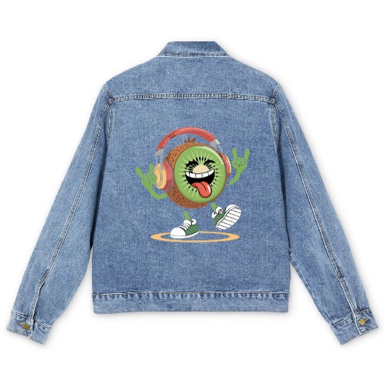 Playful Kiwi Cartoon with Headphones Men's Denim Jackets