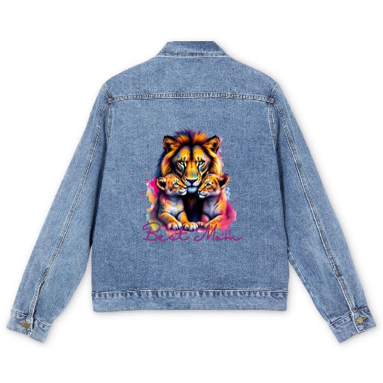 Colorful Lion Cubs and Mother Design Men's Denim Jackets