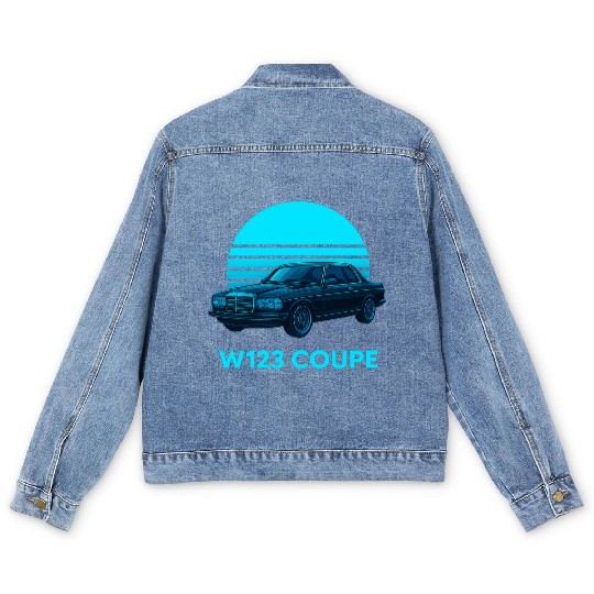 Black W123 Coupe – Neon Retro 80s Style Automotive Men's Denim Jackets