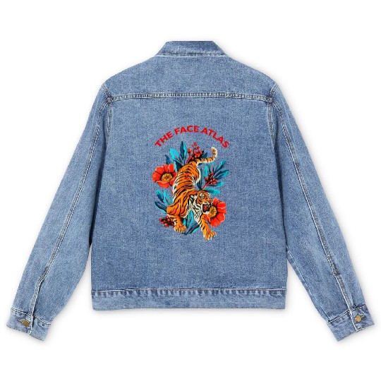 Vibrant Tiger and Floral Tattoo Style Men's Denim Jackets