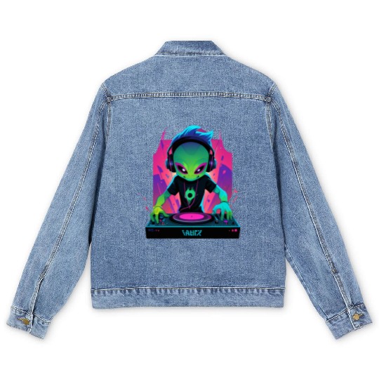 A cute chibi-style alien dark DJ Men's Denim Jackets
