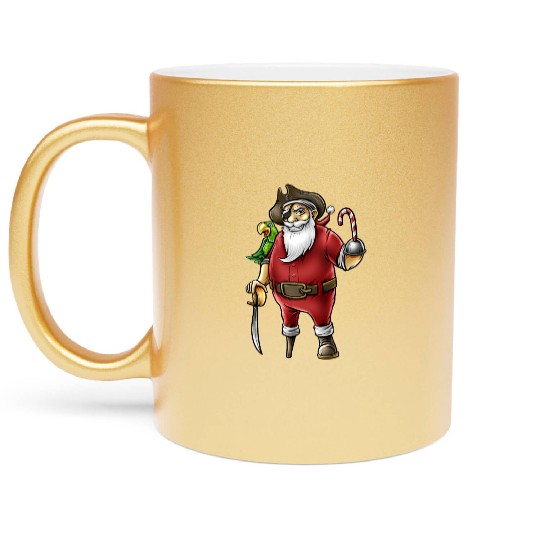Santa Pirate Funny Christmas Candy Cane Hook Hand Metallic Mugs