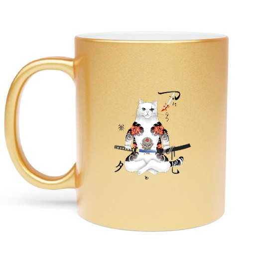 Japanese Samurai Cat Katana Ninja Yakuza Tattoo Metallic Mugs
