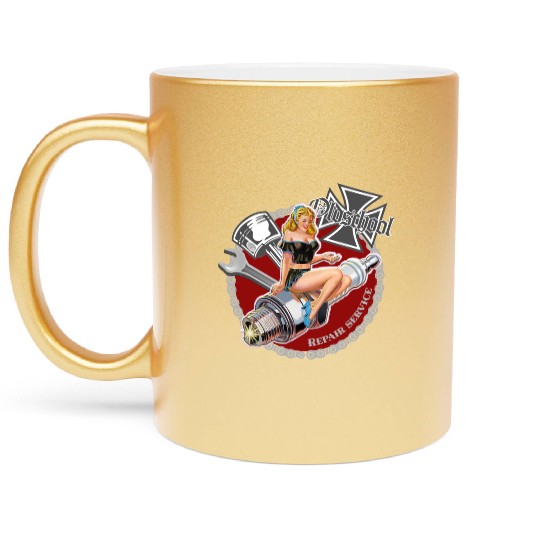 Old school repair service pinup Metallic Mugs