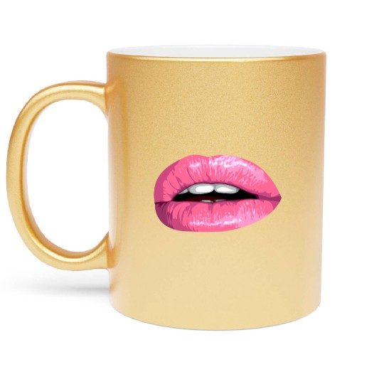 realistic sexy pink lips vector illustration Metallic Mugs