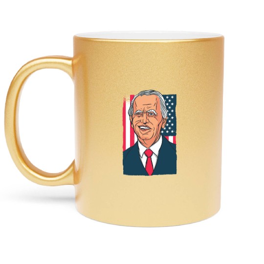 Joe Biden Cartoon Laughs with US Flag Metallic Mugs