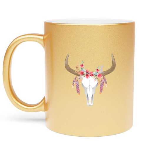 Floral Cow Skull With Feathers Bull Skull Metallic Mugs