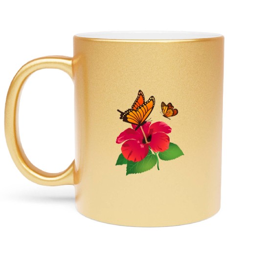 Hibiscus Flower and Monarch Butterfly Nature Metallic Mugs