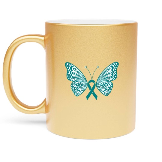 Ovarian Cancer Awareness Teal Ribbon Butterfly Metallic Mugs