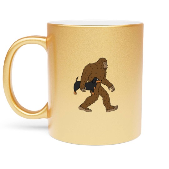 Bigfoot Sasquatch Carrying Dachshund Metallic Mugs