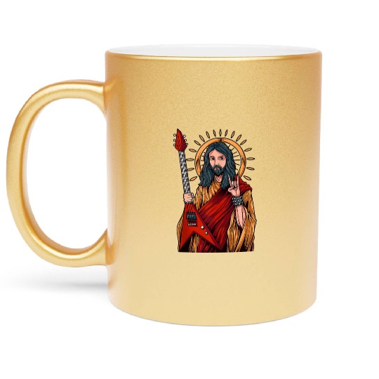 Jesus Playing Heavy Metal Guitar Metallic Mugs