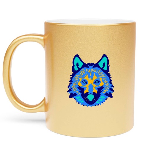 blue wolf face Metallic Mugs