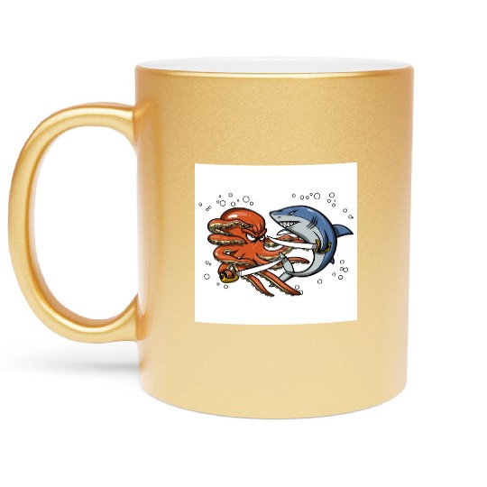 Octopus Shark Pirate Battle Metallic Mugs