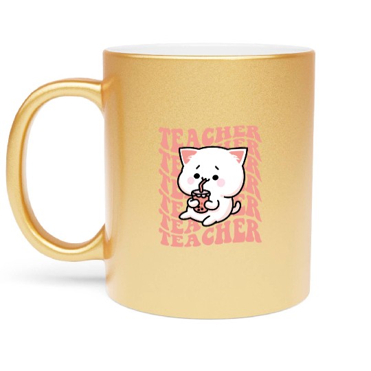 Boba Tea Teacher Cute Kawaii Cat Back To School Metallic Mugs