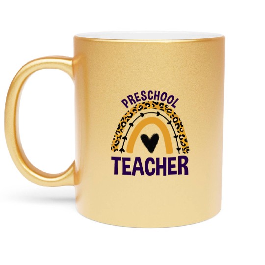 Leopard Rainbow Back To School Preschool Teacher Metallic Mugs