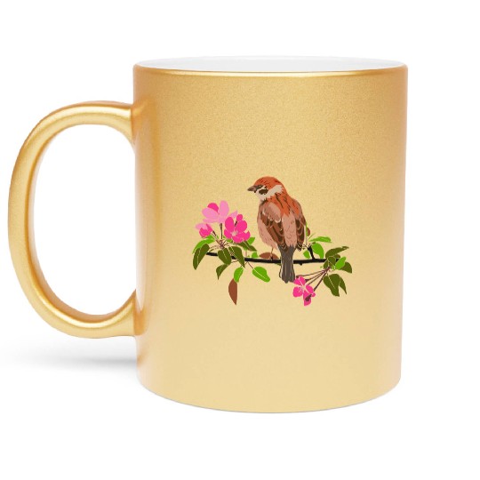 Sparrow on a branch pink flowers of an apple tree Metallic Mugs