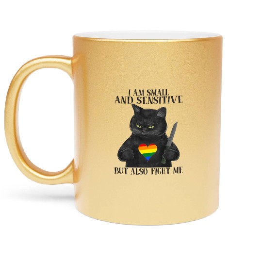 LGBT Black Cat Knife Rainbow Heart Gay Pride Flag Metallic Mugs
