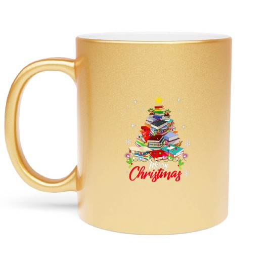 Merry Christmas Tree Love Reading Books Librarian Metallic Mugs