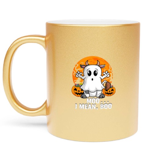 Moo I Mean Boo Cow Pumpkin Head Ghost Halloween Metallic Mugs