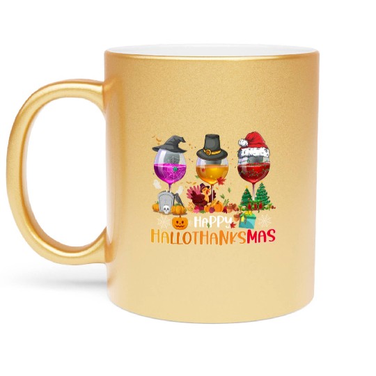 Wine Glasses Witch Santa hat Happy Hallothanksmas Metallic Mugs