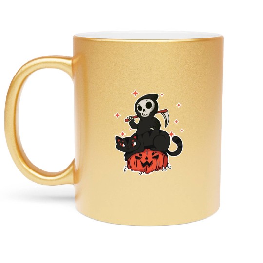 Grim Reaper On A Halloween Pumpkin A Trick Or Metallic Mugs