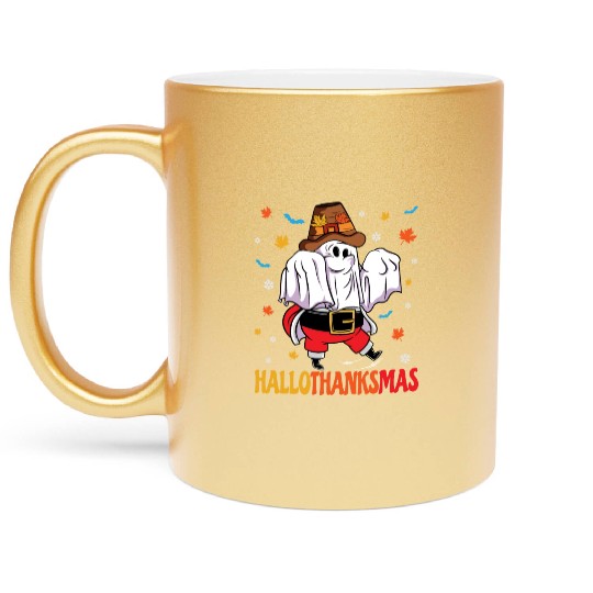 Happy Hallothanksmas Halloween Thanksgiving Santa Metallic Mugs