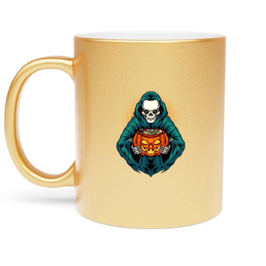 Grim Reaper With Scary Pumpkin - Halloween Metallic Mugs